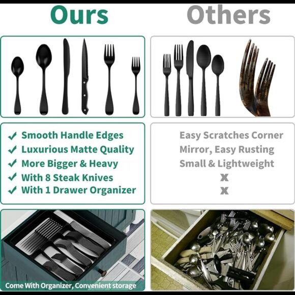 49-Piece Black Silverware Set with Drawer Organizer, Stainless Steel Cutlery - Picture 3 of 7